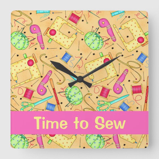 Gele naaigarens Kunsttijd om naam aan te passen Vierkante Klok (Voorkant)