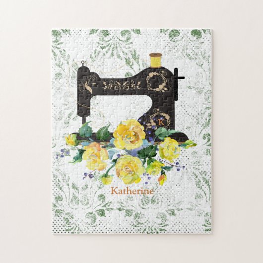 Gele naaimachine, gepersonaliseerd legpuzzel (Verticaal)