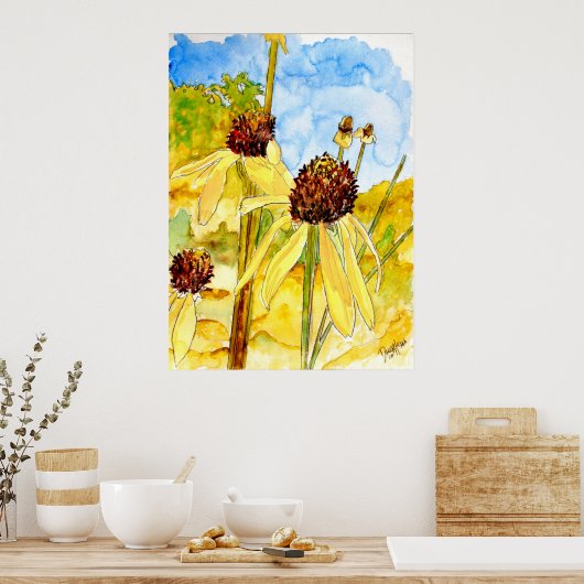 gele naaldbloemen poster (Keuken)
