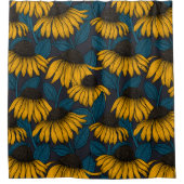 Gele naalden op donkerblauw douchegordijn (Voorkant)