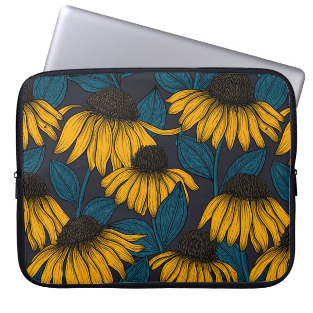 Gele naalden op donkerblauw laptop sleeve (Voorkant)