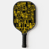 Gele Namen over Zwart Pickleball Paddle (Achterkant)