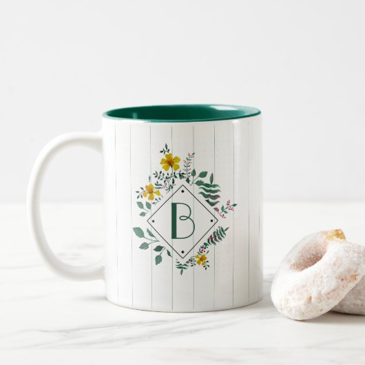 Gele narcis bladeren bloemenstreep monogram tweekleurige koffiemok (Met donut)