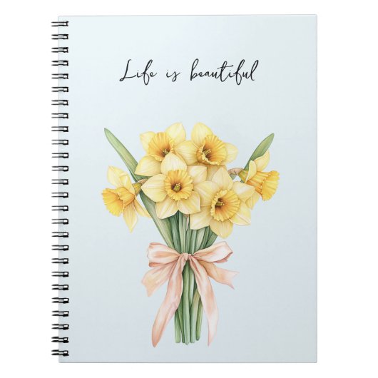 Gele narcis bloemen perzik lint notitieboek (Voorkant)