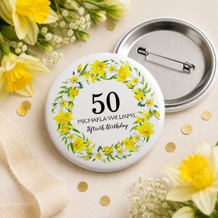 Gele Narcis Verjaardagskaart Vijftigste Verjaardag Ronde Button 3,2 Cm