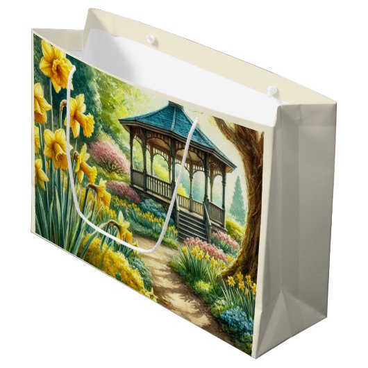 Gele narcissen en Gazebo Bloemen Gift Bag Groot Cadeauzakje (Voorkant Gekanteld)
