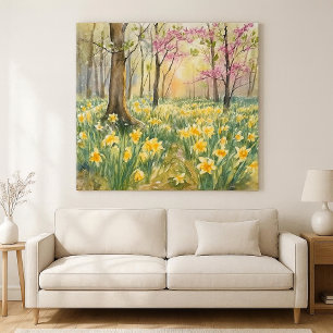 Gele narcissen in voorjaarsbos aquarel canvas afdruk