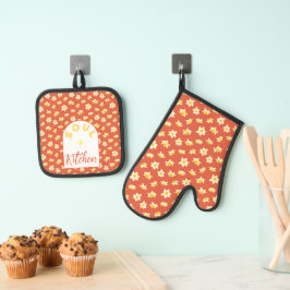 Gele narcissen lente modern oranje rood vintage. ovenwant & pannenlap set