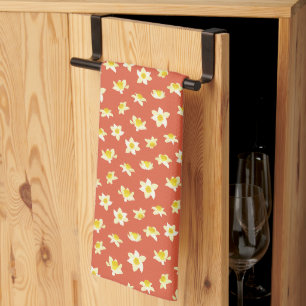 Gele narcissen lente modern oranje rood vintage. theedoek