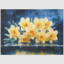Gele narcissen op blauwe aquarel decoupage