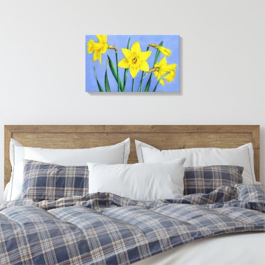 Gele narcissen op blauwe canvas wrap print (Insitu (Slaapkamer))