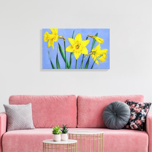 Gele narcissen op blauwe canvas wrap print (Insitu (Woonkamer))