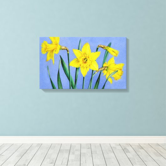 Gele narcissen op blauwe canvas wrap print (Insitu (Houten vloer))