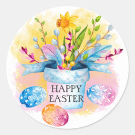 Gele narcissen Roze Blauwe Eieren Gelukkig Pasen Ronde Sticker