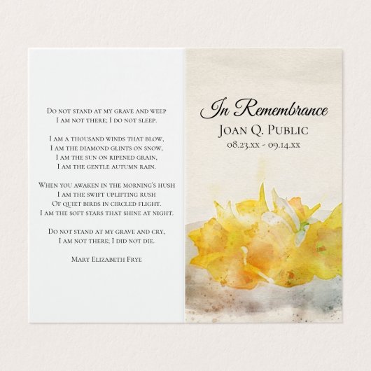 Gele narcissen voorjaarsbegrafenis Gebed Visitekaartje (Buitenkant ongevouwen)