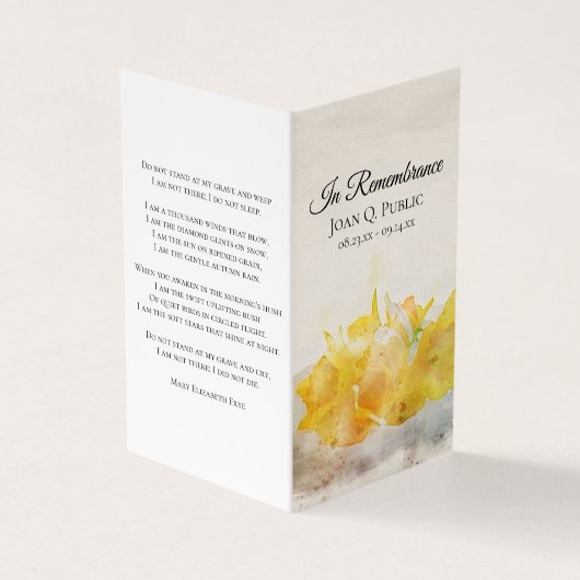 Gele narcissen voorjaarsbegrafenis Gebed Visitekaartje (Buitenkant)