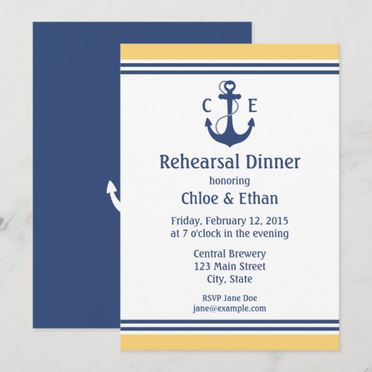 Gele nautische repetitie diner uitnodigingen (Voorkant / Achterkant)
