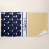 Gele Navy Blue Anchor Pattern Name Nautical Strandlaken (Voorkant)