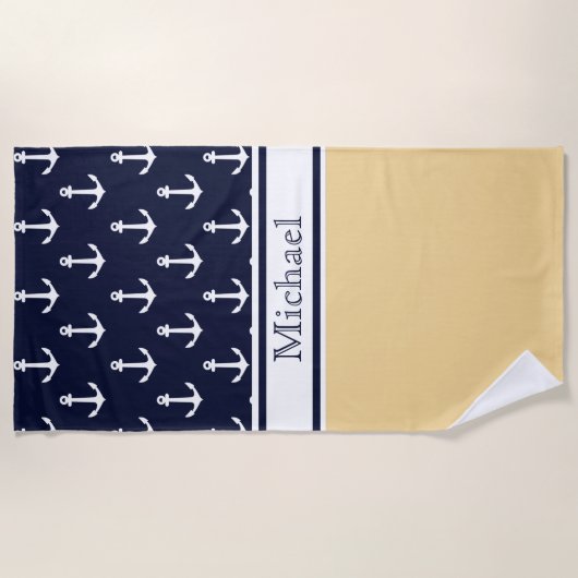 Gele Navy Blue Anchor Pattern Name Nautical Strandlaken (Voorkant)