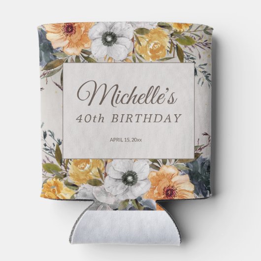 Gele Navy Blue Floral Glitter 40th Birthday Name Blikjeskoeler (Achterkant)