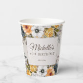 Gele Navy Blue Floral Glitter 40th Birthday Name Papieren Bekers (Achterkant)