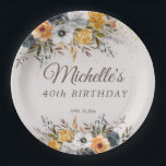 Gele Navy Blue Floral Glitter 40th Birthday Name Papieren Bordje<br><div class="desc">mosterdgeel en marineblauw waterverf met goudglitter op de meer dan 40ste verjaardag van de partij op papier op maat borden. Gepersonaliseerd met de naam van de gast van eer, haar leeftijd en haar feestdatum. Neem contact met mij op voor hulp bij aanpassingen of voor het aanvragen van matching of het...</div>