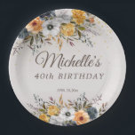 Gele Navy Blue Floral Glitter 40th Birthday Name Papieren Bordje<br><div class="desc">mosterdgeel en marineblauw waterverf met goudglitter op de meer dan 40ste verjaardag van de partij op papier op maat borden. Gepersonaliseerd met de naam van de gast van eer, haar leeftijd en haar feestdatum. Neem contact met mij op voor hulp bij aanpassingen of voor het aanvragen van matching of het...</div>