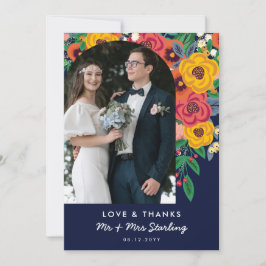 Gele Navy Boho Bloemen Arch Bruiloft Foto Bedankkaart