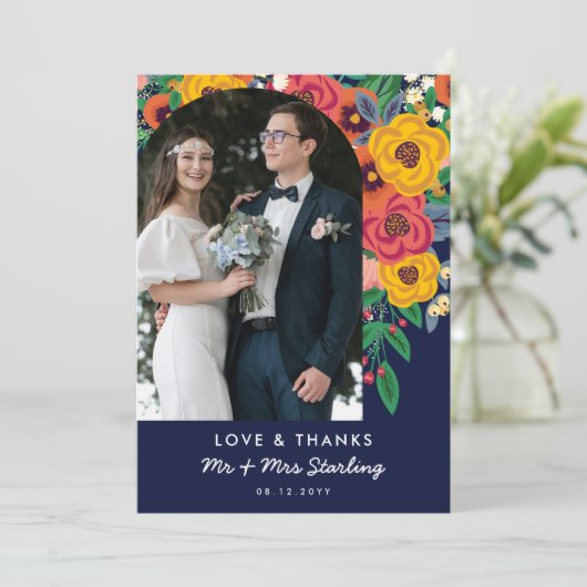 Gele Navy Boho Bloemen Arch Bruiloft Foto Bedankkaart (Staand voorkant)