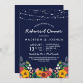 Gele Navy Boho Bloemen Stringlights Repetitie Kaart (Voorkant / Achterkant)