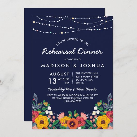 Gele Navy Boho Bloemen Stringlights Repetitie Kaart (Voorkant / Achterkant)