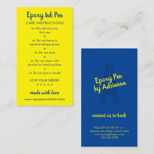 Gele Navy Care Instructies voor Epoxy Pen Notitiekaartje (Voorkant / Achterkant)