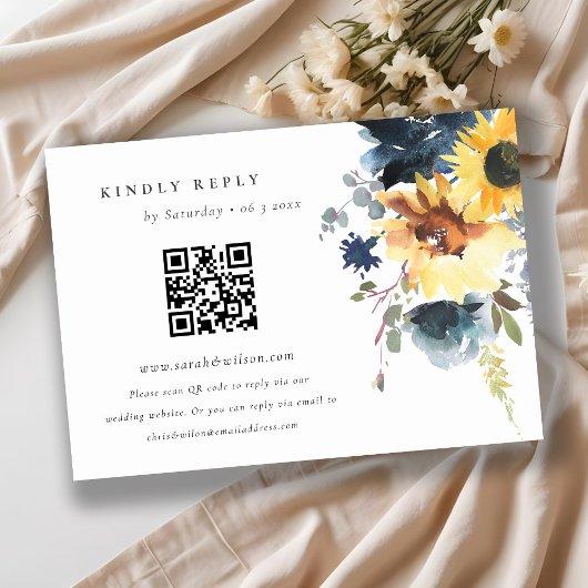 Gele Navy Zonnebloem Bloemen Bruiloft QR Code RSVP Informatiekaartje