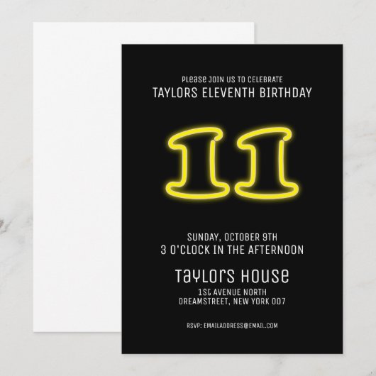 Gele Neon Teken 11e Trendy Verjaardagsfeest Kaart (Voorkant / Achterkant)