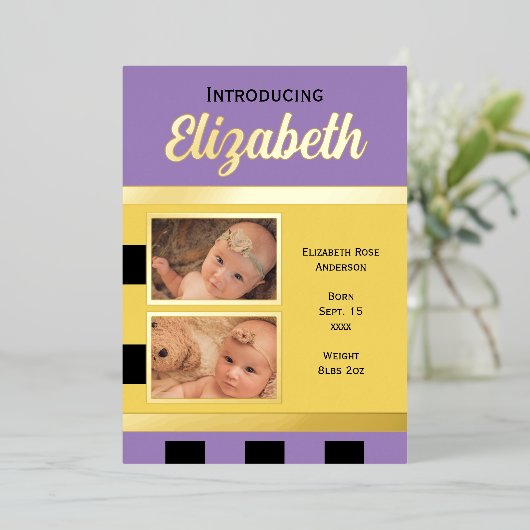 Gele nieuwe baby aankondiging goudfolie platte kaa (Staand Voorkant)