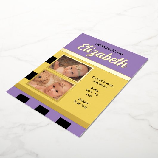 Gele nieuwe baby aankondiging goudfolie platte kaa (Gedraaid)