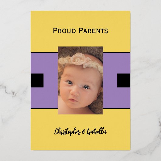 Gele nieuwe baby aankondiging goudfolie platte kaa (Achterkant)