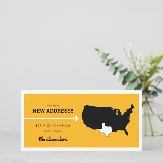 Gele nieuwe staat, nieuw adres! Texas verplaatsen (Staand voorkant)