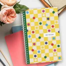 Gele Notebook met Sterren en Bloemen in Schaakbord Notitieboek