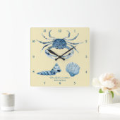 Gele Ocean Crab Seashells Nautical Beach House Vierkante Klok (Huis)