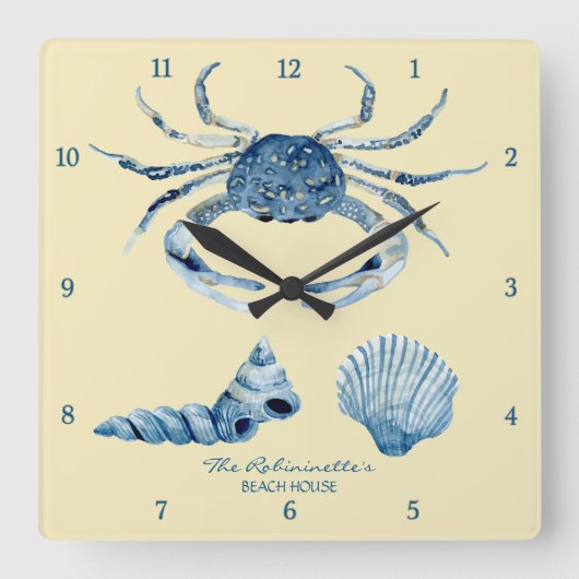 Gele Ocean Crab Seashells Nautical Beach House Vierkante Klok (Voorkant)