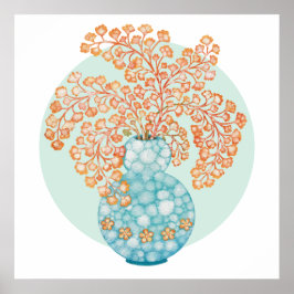 Gele oker bladeren turquoise vaas Waterverf kunst Poster