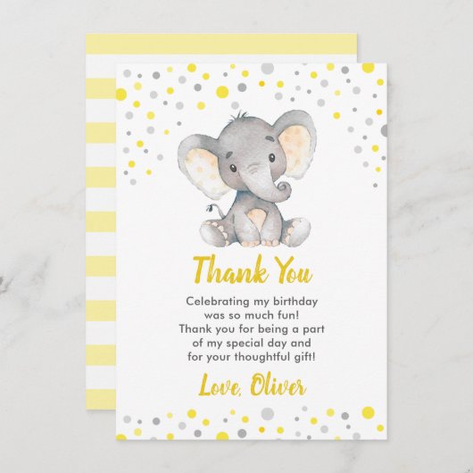 Gele Olifant 1e Verjaardagsfeestje Kleine Pinda Bedankkaart (Voorkant / Achterkant)