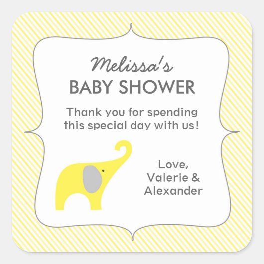 Gele olifant baby shower gunst dank u vierkante sticker (Voorkant)