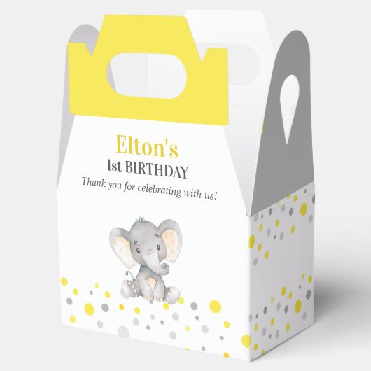 Gele Olifant Eerste Verjaardagsfeestje Kleine Pind Bedankdoosjes (Geopend)