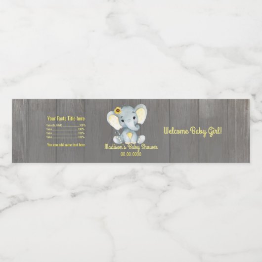 Gele Olifant water flesetiket voor meisje Waterfles Etiket (Enkel label)