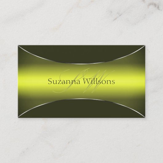 Gele Olijfgroene Chic Silver Border en Monogram Visitekaartje (Voorkant)
