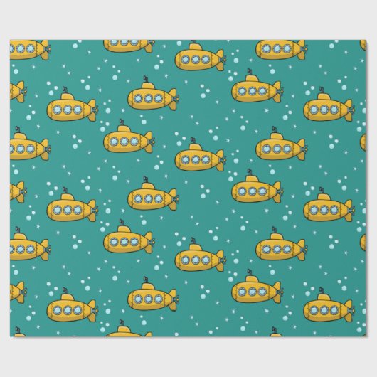 Gele onderzeeboot Blauwgroen groene achtergrond Cadeaupapier (Vlak)
