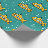 Gele onderzeeboot Blauwgroen groene achtergrond Cadeaupapier (Hoek)