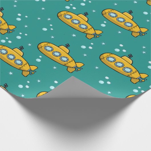 Gele onderzeeboot Blauwgroen groene achtergrond Cadeaupapier (Hoek)